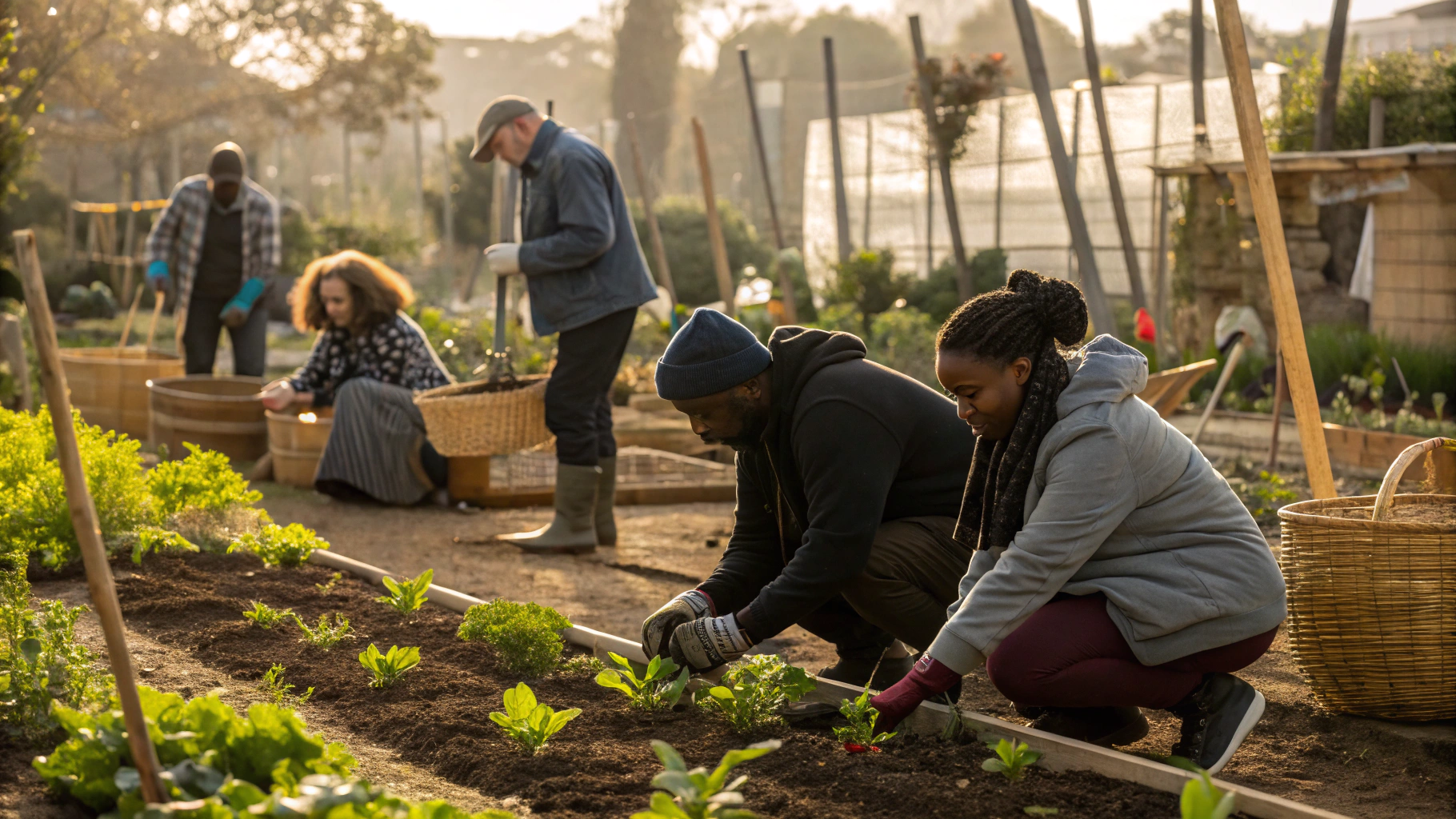 Volunteers planting seeds in a community garden