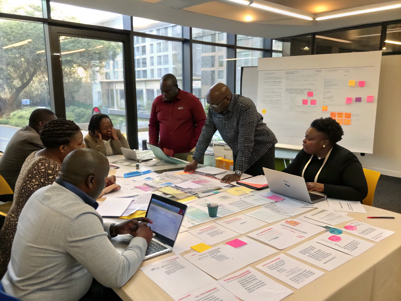 Community leaders discussing project goals in a sunlit meeting room