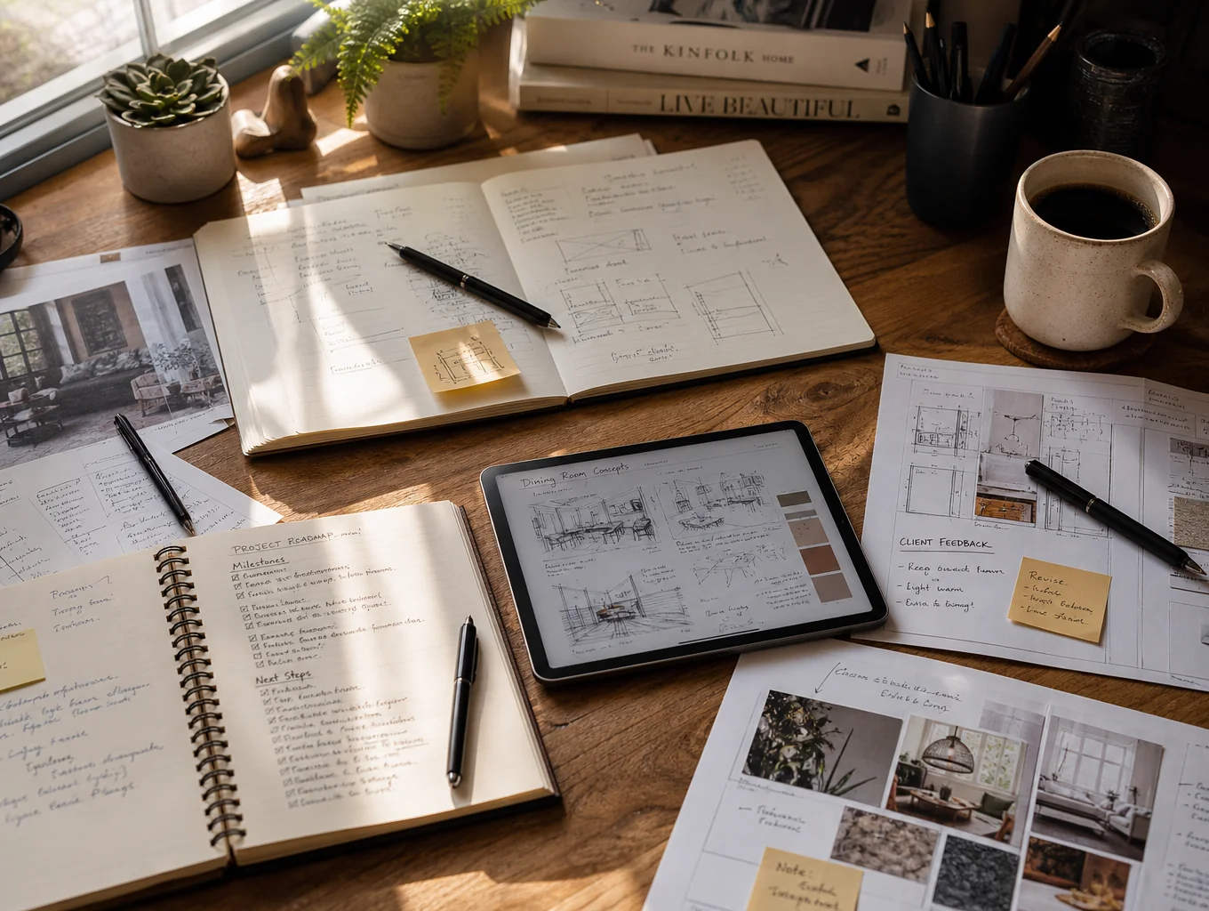 Architectural blueprints and project notes spread across a wooden table