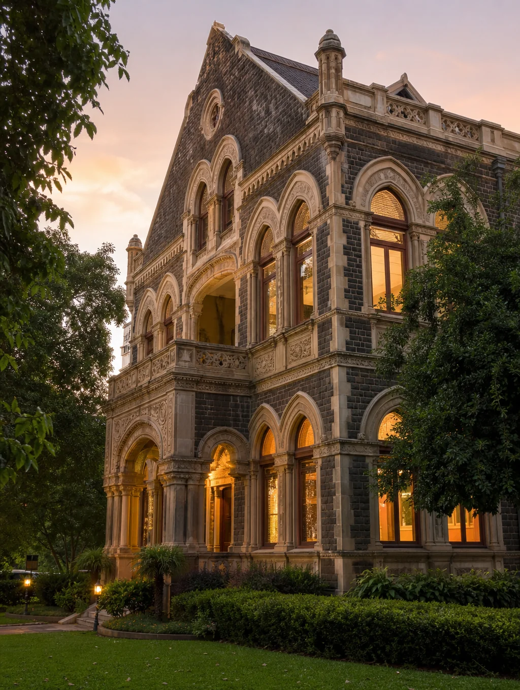 Historic facade of the Charity Works headquarters at golden hour
