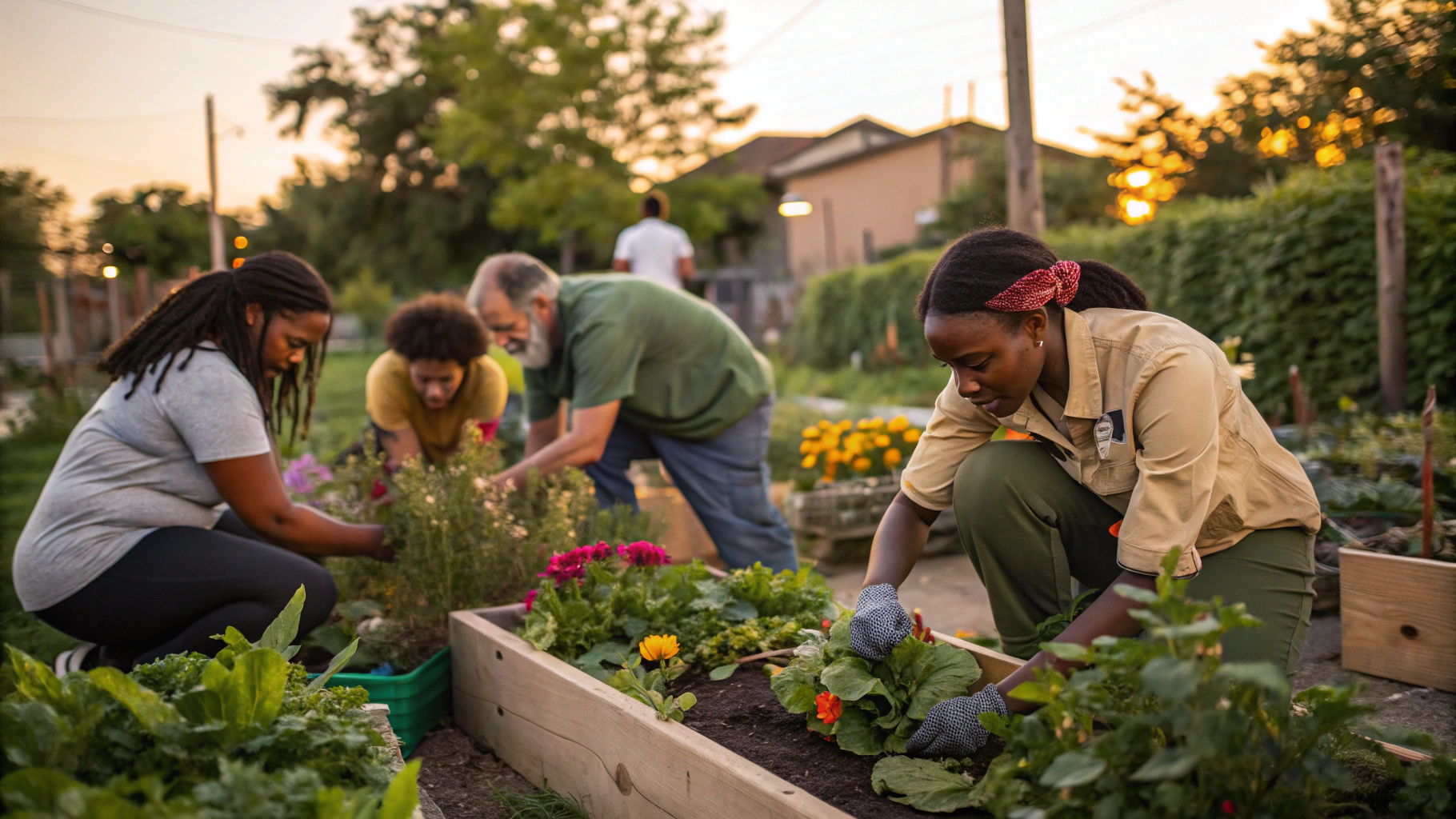 Community members working together in a lush garden setting