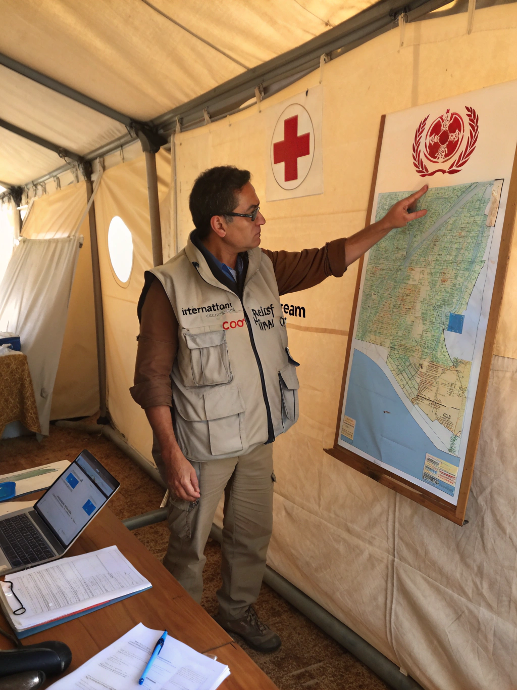 Emergency relief team coordinating aid distribution in a crisis zone